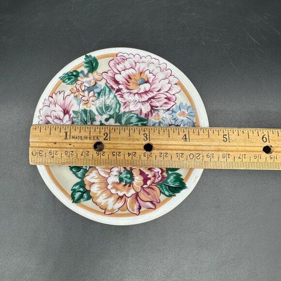 Vintage Soap Dish Floral Round Ceramic 1990s Flowers Bathroom Kitchen Decor - Picture 8 of 9